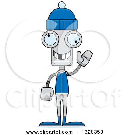 Clipart of a Cartoon Skinny Waving Winter Robot with a Missing Tooth - Royalty Free Vector Illustration by Cory Thoman