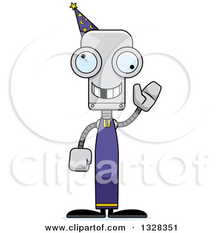 Clipart of a Cartoon Skinny Waving Wizard Robot with a Missing Tooth - Royalty Free Vector Illustration by Cory Thoman