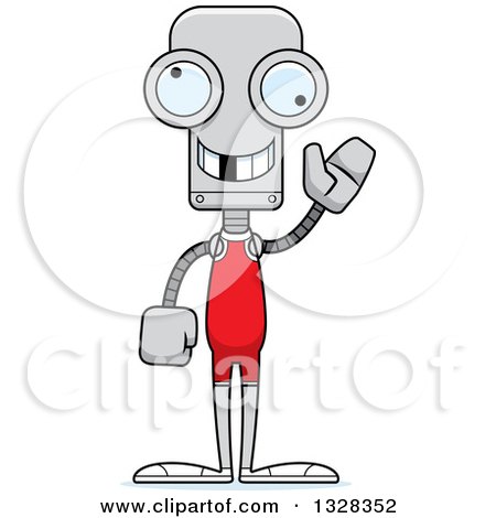 Clipart of a Cartoon Skinny Waving Wrestler Robot with a Missing Tooth - Royalty Free Vector Illustration by Cory Thoman