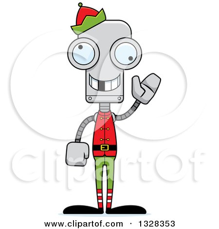 Clipart of a Cartoon Skinny Waving Robot Christmas Elf with a Missing Tooth - Royalty Free Vector Illustration by Cory Thoman