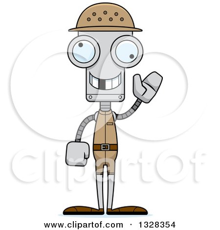 Clipart of a Cartoon Skinny Waving Robot Zookeeper with a Missing Tooth - Royalty Free Vector Illustration by Cory Thoman