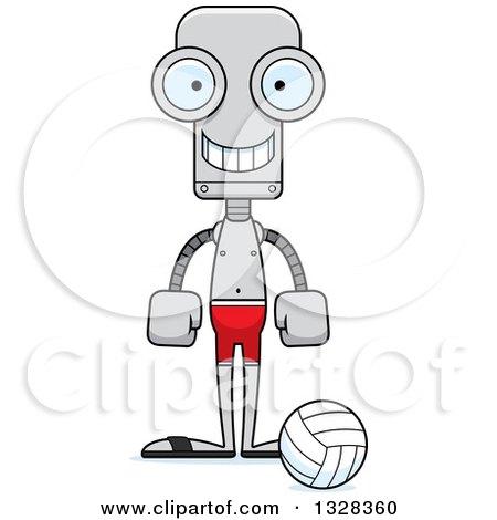 Clipart of a Cartoon Skinny Happy Robot Beach Volleyball Player - Royalty Free Vector Illustration by Cory Thoman