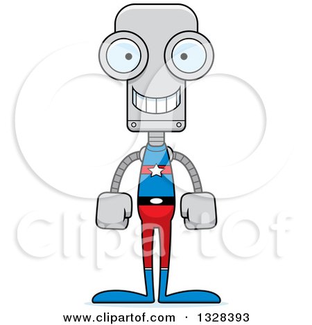 Clipart of a Cartoon Skinny Happy Super Hero Robot - Royalty Free Vector Illustration by Cory Thoman