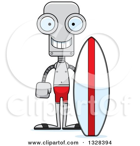 Clipart of a Cartoon Skinny Happy Robot Surfer - Royalty Free Vector Illustration by Cory Thoman