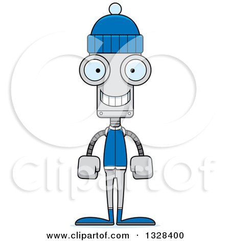 Clipart of a Cartoon Skinny Happy Robot in Winter Clothes - Royalty Free Vector Illustration by Cory Thoman