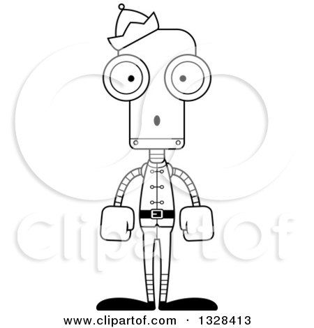 Lineart Clipart of a Cartoon Black and White Skinny Surprised Robot Christmas Elf - Royalty Free Outline Vector Illustration by Cory Thoman