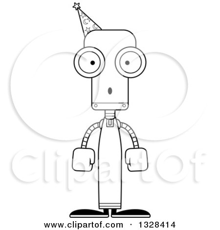 Lineart Clipart of a Cartoon Black and White Skinny Surprised Robot Wizard - Royalty Free Outline Vector Illustration by Cory Thoman