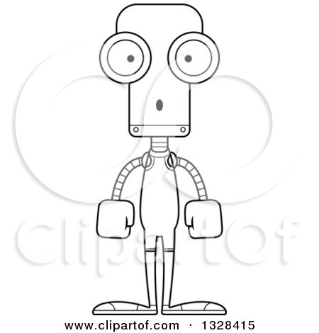 Lineart Clipart of a Cartoon Black and White Skinny Surprised Robot Wrestler - Royalty Free Outline Vector Illustration by Cory Thoman