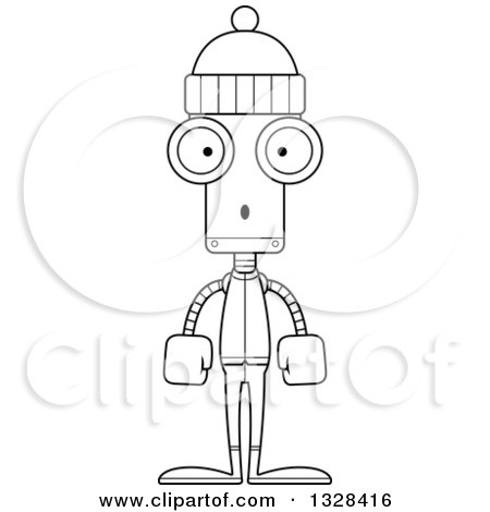 Lineart Clipart of a Cartoon Black and White Skinny Surprised Winter Robot - Royalty Free Outline Vector Illustration by Cory Thoman