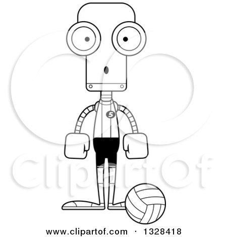 Lineart Clipart of a Cartoon Black and White Skinny Surprised Robot Volleyball Player - Royalty Free Outline Vector Illustration by Cory Thoman