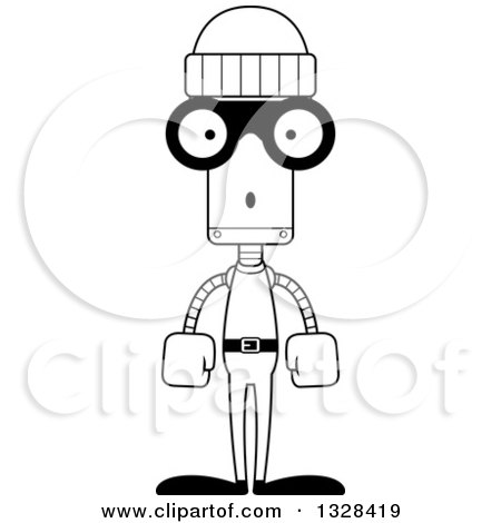 Lineart Clipart of a Cartoon Black and White Skinny Surprised Robot Robber - Royalty Free Outline Vector Illustration by Cory Thoman