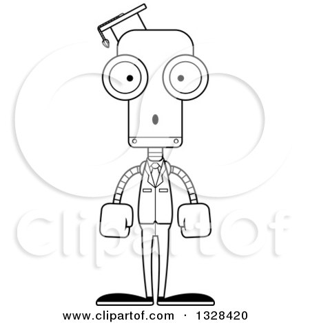 Lineart Clipart of a Cartoon Black and White Skinny Surprised Robot Professor - Royalty Free Outline Vector Illustration by Cory Thoman