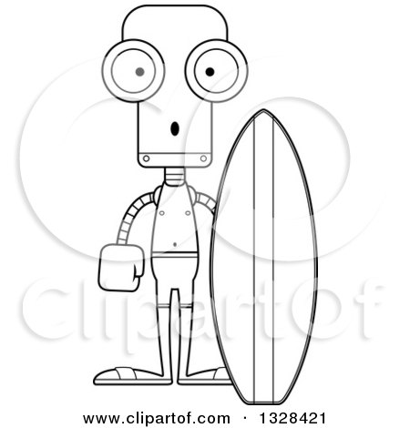 Lineart Clipart of a Cartoon Black and White Skinny Surprised Robot Surfer - Royalty Free Outline Vector Illustration by Cory Thoman
