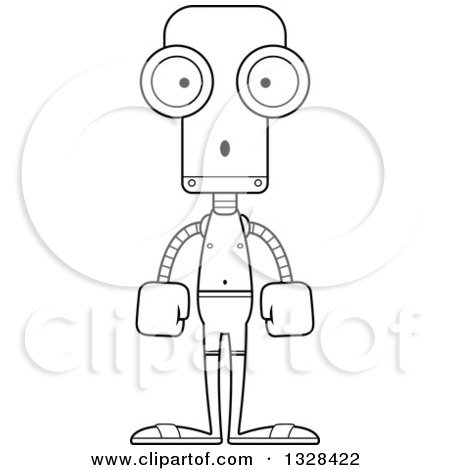 Lineart Clipart of a Cartoon Black and White Skinny Surprised Robot Swimmer - Royalty Free Outline Vector Illustration by Cory Thoman