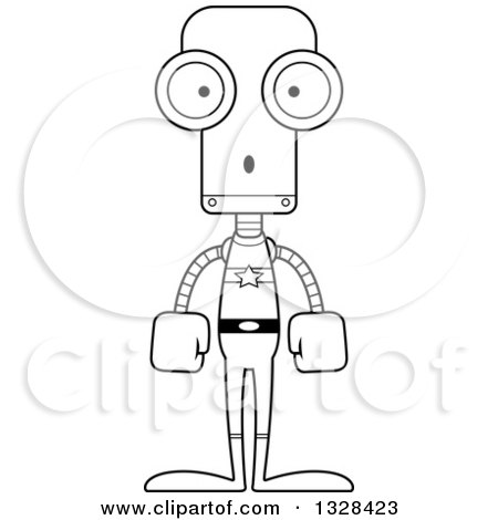 Lineart Clipart of a Cartoon Black and White Skinny Surprised Super Hero Robot - Royalty Free Outline Vector Illustration by Cory Thoman