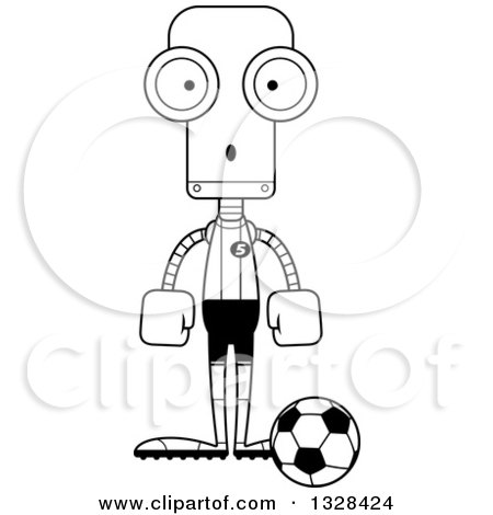 Lineart Clipart of a Cartoon Black and White Skinny Surprised Robot Soccer Player - Royalty Free Outline Vector Illustration by Cory Thoman