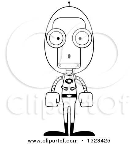Lineart Clipart of a Cartoon Black and White Skinny Surprised Futuristic Space Robot - Royalty Free Outline Vector Illustration by Cory Thoman