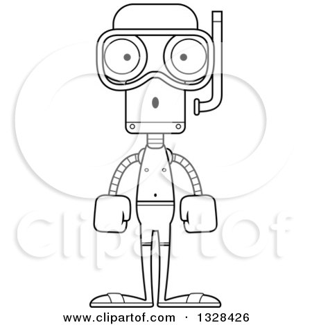 Lineart Clipart of a Cartoon Black and White Skinny Surprised Robot in Snorkel Gear - Royalty Free Outline Vector Illustration by Cory Thoman