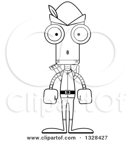 Lineart Clipart of a Cartoon Black and White Skinny Surprised Robin Hood Robot - Royalty Free Outline Vector Illustration by Cory Thoman