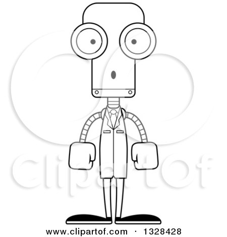 Lineart Clipart of a Cartoon Black and White Skinny Surprised Robot Scientist - Royalty Free Outline Vector Illustration by Cory Thoman