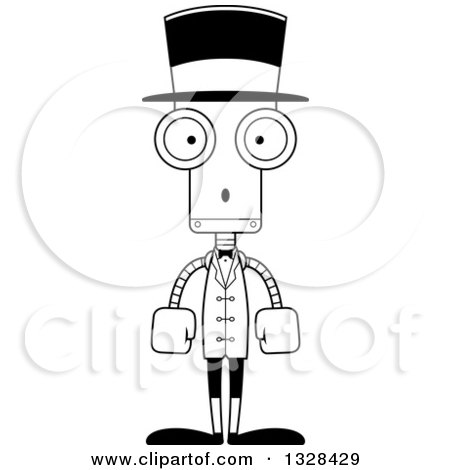 Lineart Clipart of a Cartoon Black and White Skinny Surprised Robot Circus Ringmaster - Royalty Free Outline Vector Illustration by Cory Thoman