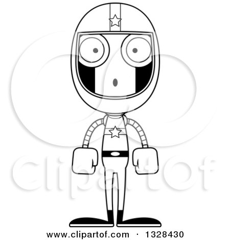 Lineart Clipart of a Cartoon Black and White Skinny Surprised Robot Race Car Driver - Royalty Free Outline Vector Illustration by Cory Thoman