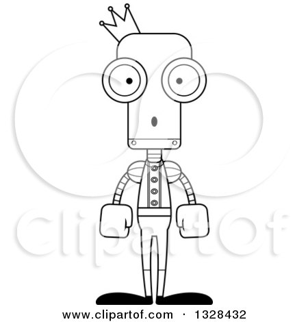 Lineart Clipart of a Cartoon Black and White Skinny Surprised Robot Prince - Royalty Free Outline Vector Illustration by Cory Thoman