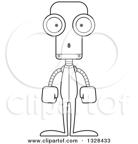 Lineart Clipart of a Cartoon Black and White Skinny Surprised Robot in Pjs - Royalty Free Outline Vector Illustration by Cory Thoman