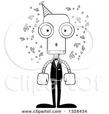 Lineart Clipart of a Cartoon Black and White Skinny Surprised Party Robot - Royalty Free Outline Vector Illustration by Cory Thoman