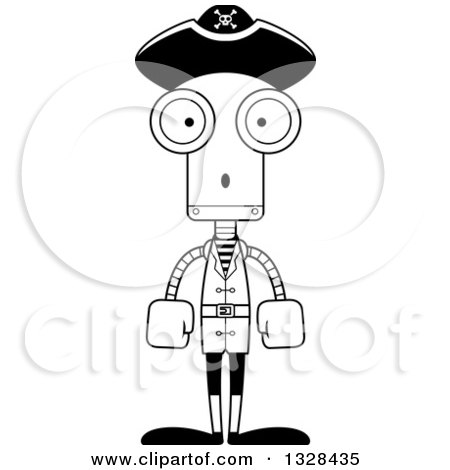 Lineart Clipart of a Cartoon Black and White Skinny Surprised Pirate Robot - Royalty Free Outline Vector Illustration by Cory Thoman