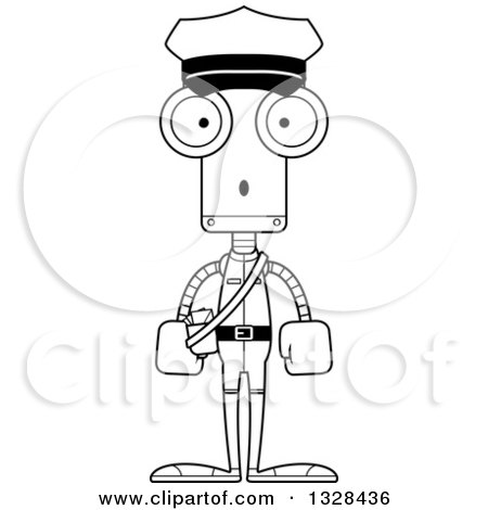 Lineart Clipart of a Cartoon Black and White Skinny Surprised Robot Mailman - Royalty Free Outline Vector Illustration by Cory Thoman