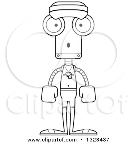 Lineart Clipart of a Cartoon Black and White Skinny Surprised Robot Lifeguard - Royalty Free Outline Vector Illustration by Cory Thoman