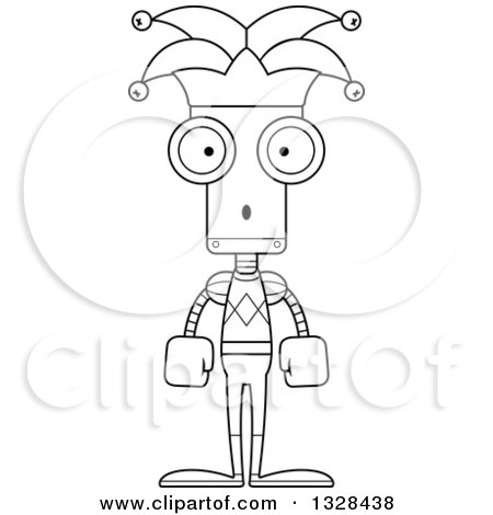 Lineart Clipart of a Cartoon Black and White Skinny Surprised Robot Jester - Royalty Free Outline Vector Illustration by Cory Thoman