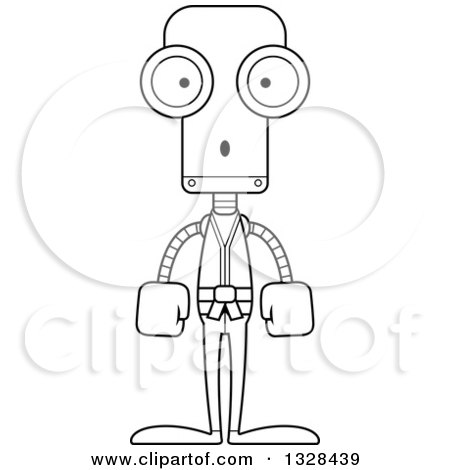 Lineart Clipart of a Cartoon Black and White Skinny Surprised Karate Robot - Royalty Free Outline Vector Illustration by Cory Thoman