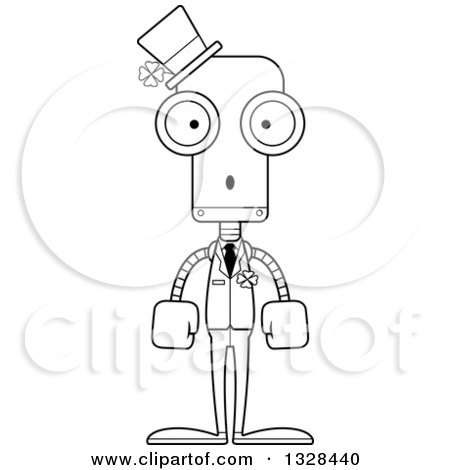 Lineart Clipart of a Cartoon Black and White Skinny Surprised St Patricks Day Robot - Royalty Free Outline Vector Illustration by Cory Thoman