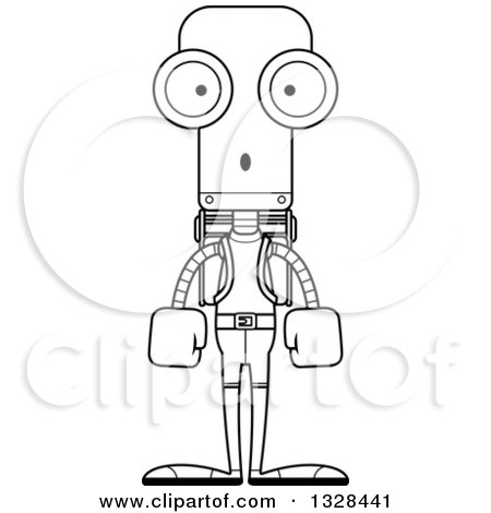 Lineart Clipart of a Cartoon Black and White Skinny Surprised Robot Hiker - Royalty Free Outline Vector Illustration by Cory Thoman