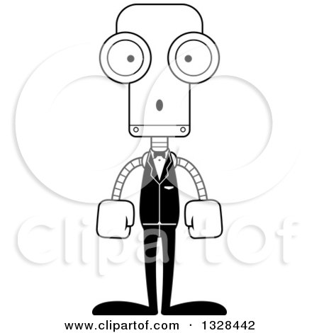 Lineart Clipart of a Cartoon Black and White Skinny Surprised Robot Groom - Royalty Free Outline Vector Illustration by Cory Thoman