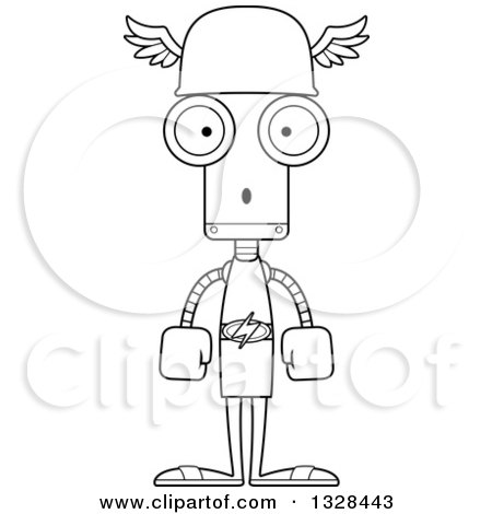 Lineart Clipart of a Cartoon Black and White Skinny Surprised Robot Hermes - Royalty Free Outline Vector Illustration by Cory Thoman