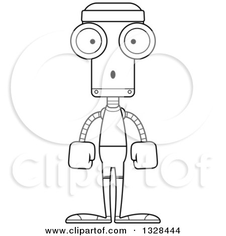 Lineart Clipart of a Cartoon Black and White Skinny Surprised Fitness Robot - Royalty Free Outline Vector Illustration by Cory Thoman
