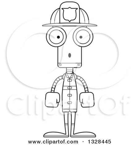 Lineart Clipart of a Cartoon Black and White Skinny Surprised Robot Firefighter - Royalty Free Outline Vector Illustration by Cory Thoman