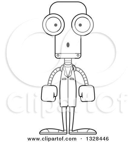 Lineart Clipart of a Cartoon Black and White Skinny Surprised Robot Doctor - Royalty Free Outline Vector Illustration by Cory Thoman