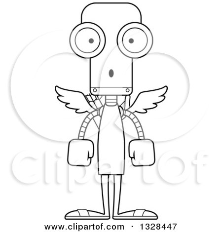 Lineart Clipart of a Cartoon Black and White Skinny Surprised Robot Cupid - Royalty Free Outline Vector Illustration by Cory Thoman