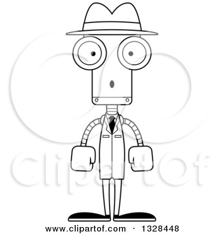 Lineart Clipart of a Cartoon Black and White Skinny Surprised Robot Detective - Royalty Free Outline Vector Illustration by Cory Thoman