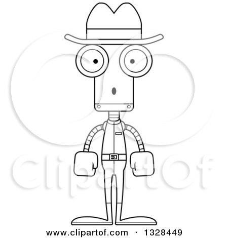 Lineart Clipart of a Cartoon Black and White Skinny Surprised Robot Cowboy - Royalty Free Outline Vector Illustration by Cory Thoman