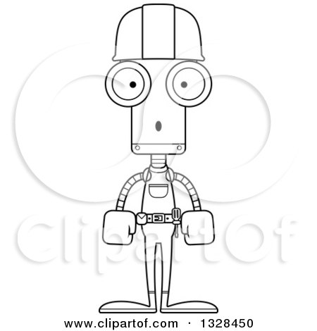 Lineart Clipart of a Cartoon Black and White Skinny Surprised Robot Construction Worker - Royalty Free Outline Vector Illustration by Cory Thoman