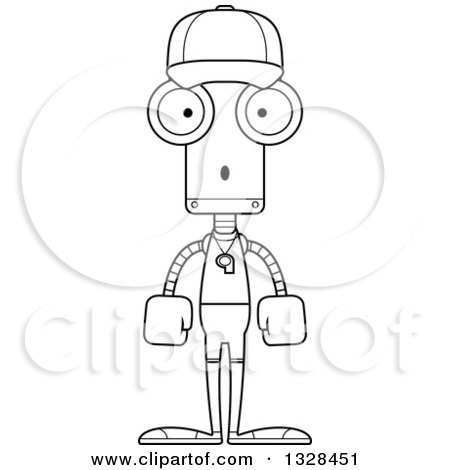 Lineart Clipart of a Cartoon Black and White Skinny Surprised Robot Sports Coach - Royalty Free Outline Vector Illustration by Cory Thoman