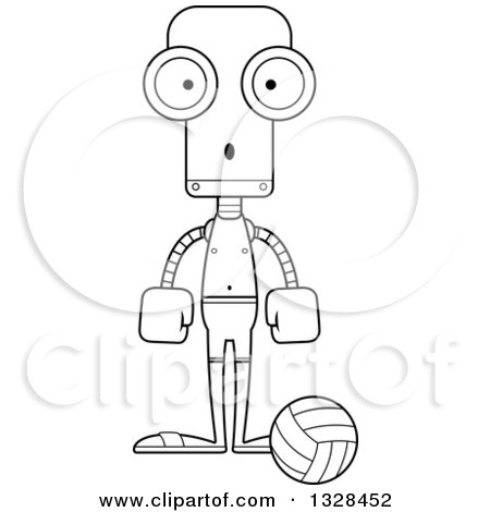 Lineart Clipart of a Cartoon Black and White Skinny Surprised Robot Beach Volleyball Player - Royalty Free Outline Vector Illustration by Cory Thoman
