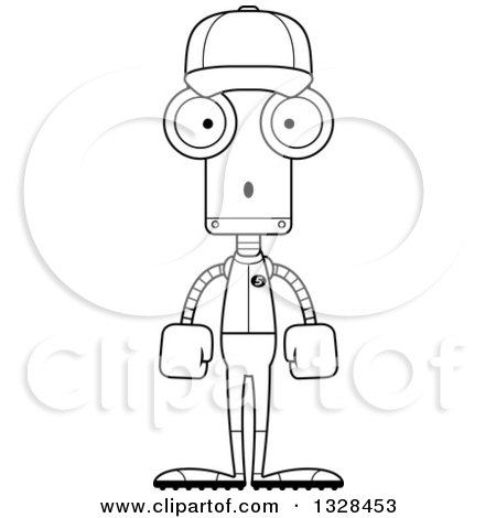 Lineart Clipart of a Cartoon Black and White Skinny Surprised Baseball Robot - Royalty Free Outline Vector Illustration by Cory Thoman