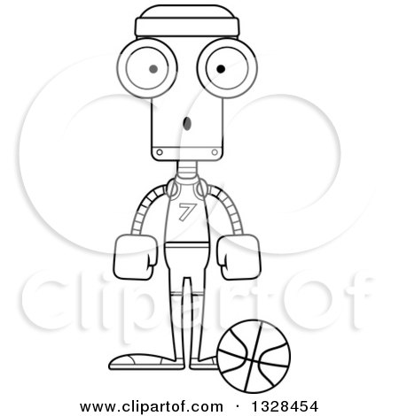 Lineart Clipart of a Cartoon Black and White Skinny Surprised Robot Basketball Player - Royalty Free Outline Vector Illustration by Cory Thoman
