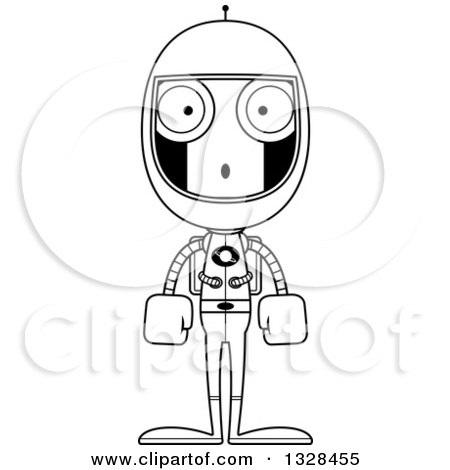 Lineart Clipart of a Cartoon Black and White Skinny Surprised Astronaut Robot - Royalty Free Outline Vector Illustration by Cory Thoman